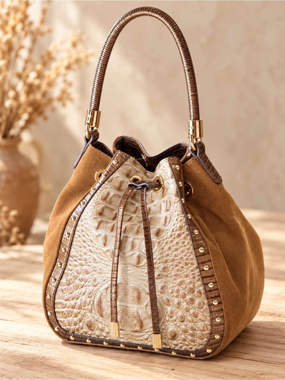 Brahmin Melinda Taupe Ensemble Brown Suede & Cream Drawstring  Bucket Crossbody